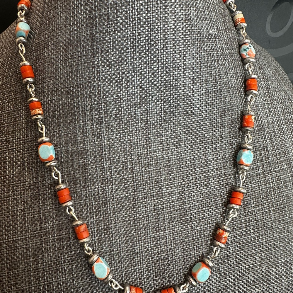 Elegant Silver and Orange Jasper Beaded Necklace